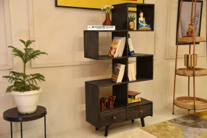Solid Sheesham Wood Book Self With 2 Drawer Storage (Stone Finish) - 5057
