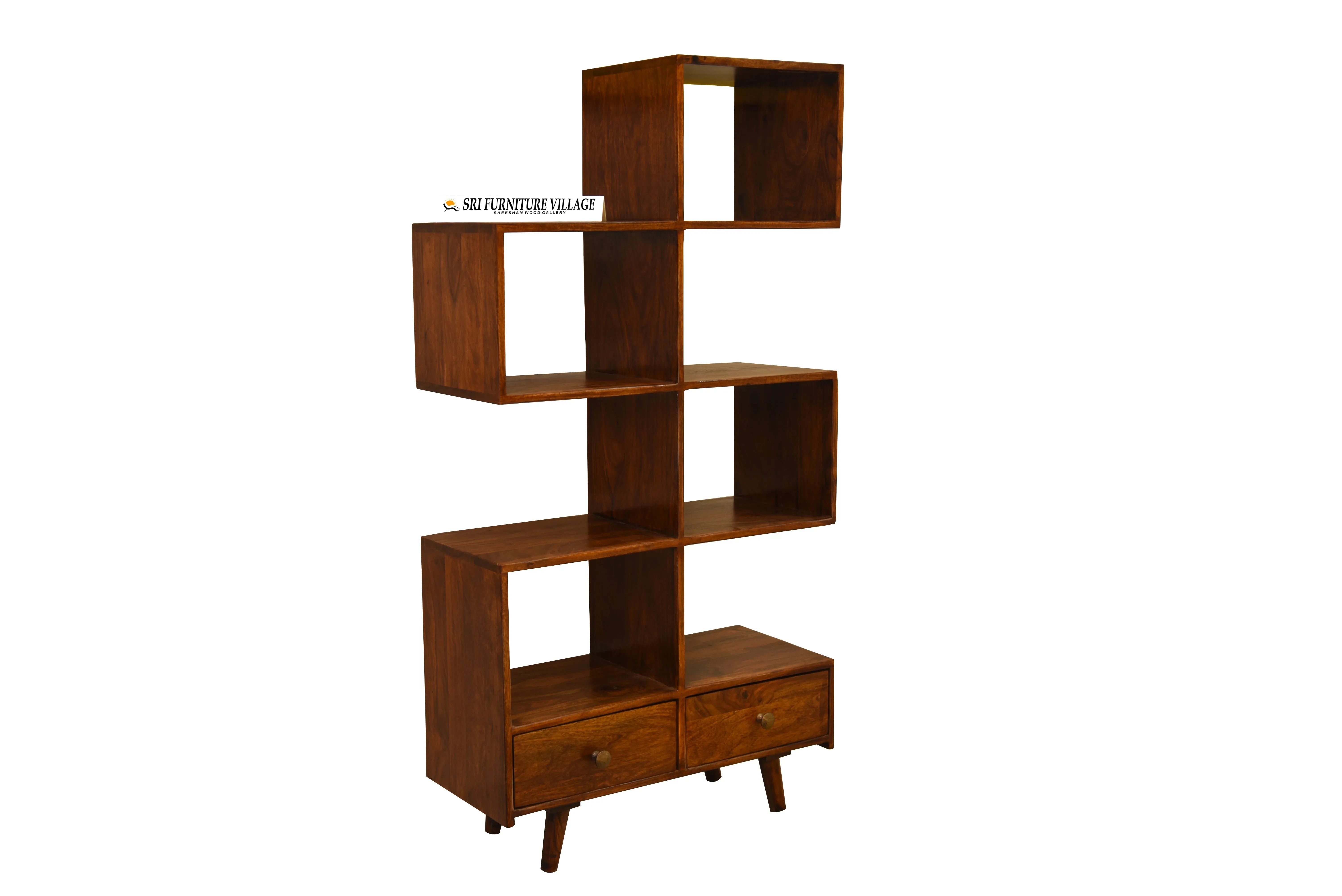 Solid Sheesham Wood Book Self With 2 Drawer Storage (Stone Finish) - 5057