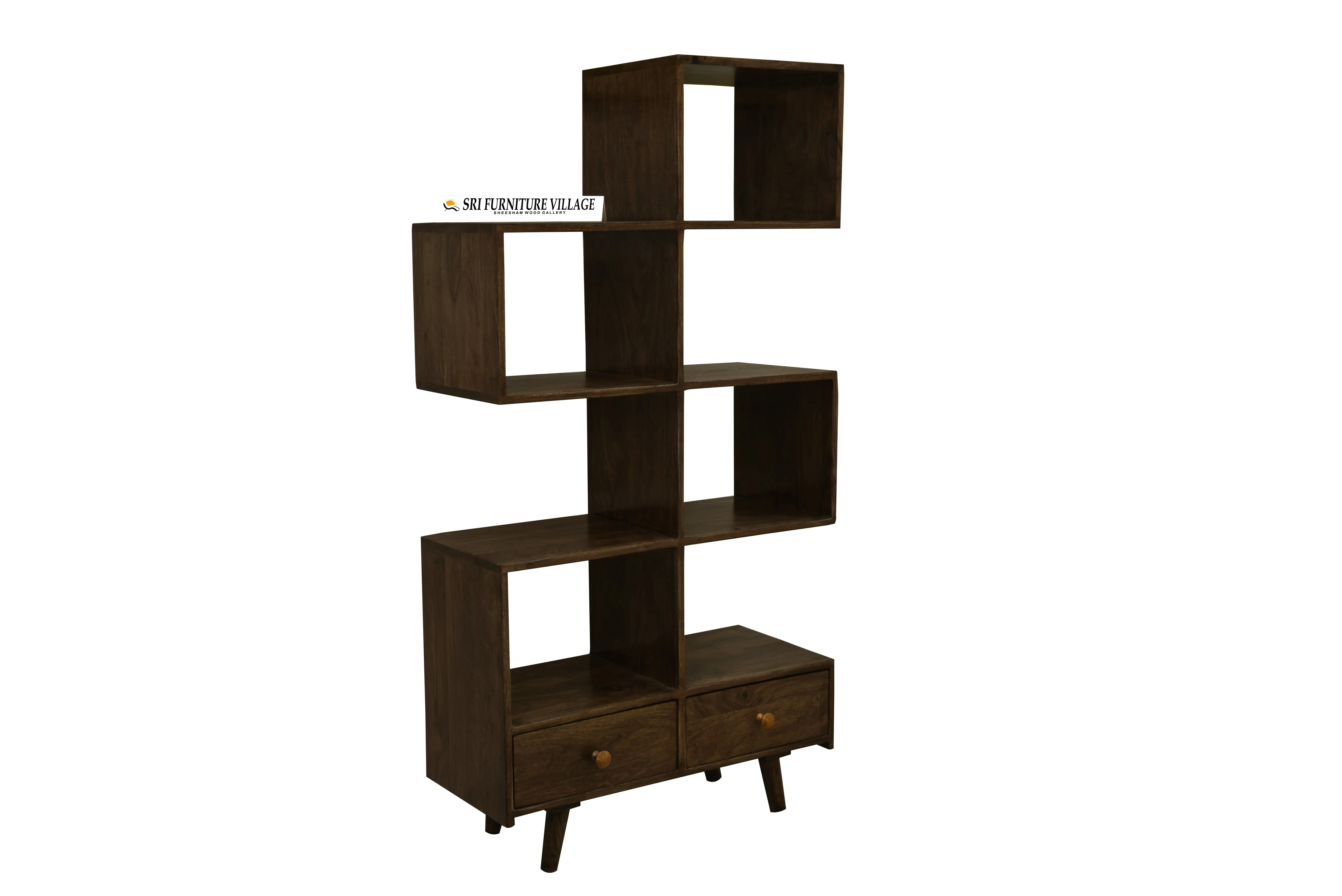 Solid Sheesham Wood Book Self With 2 Drawer Storage (Stone Finish) - 5057