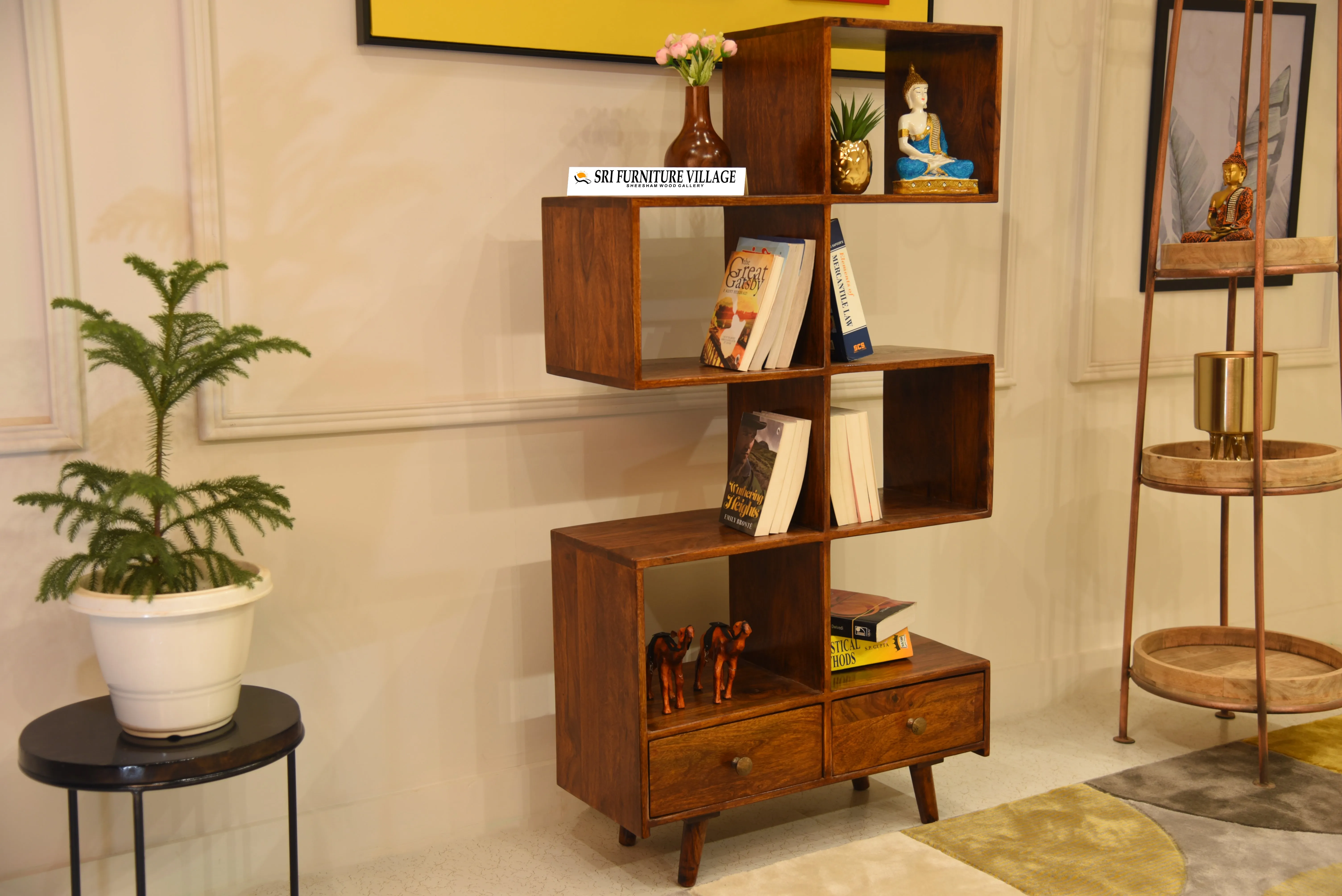 Solid Sheesham Wood Book Self With 2 Drawer Storage (Stone Finish) - 5057