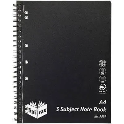 Spirax P599 3-Subject Notebook Spiral Bound 300 Page A4 Black