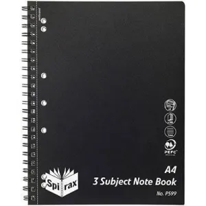 Spirax P599 3-Subject Notebook Spiral Bound 300 Page A4 Black