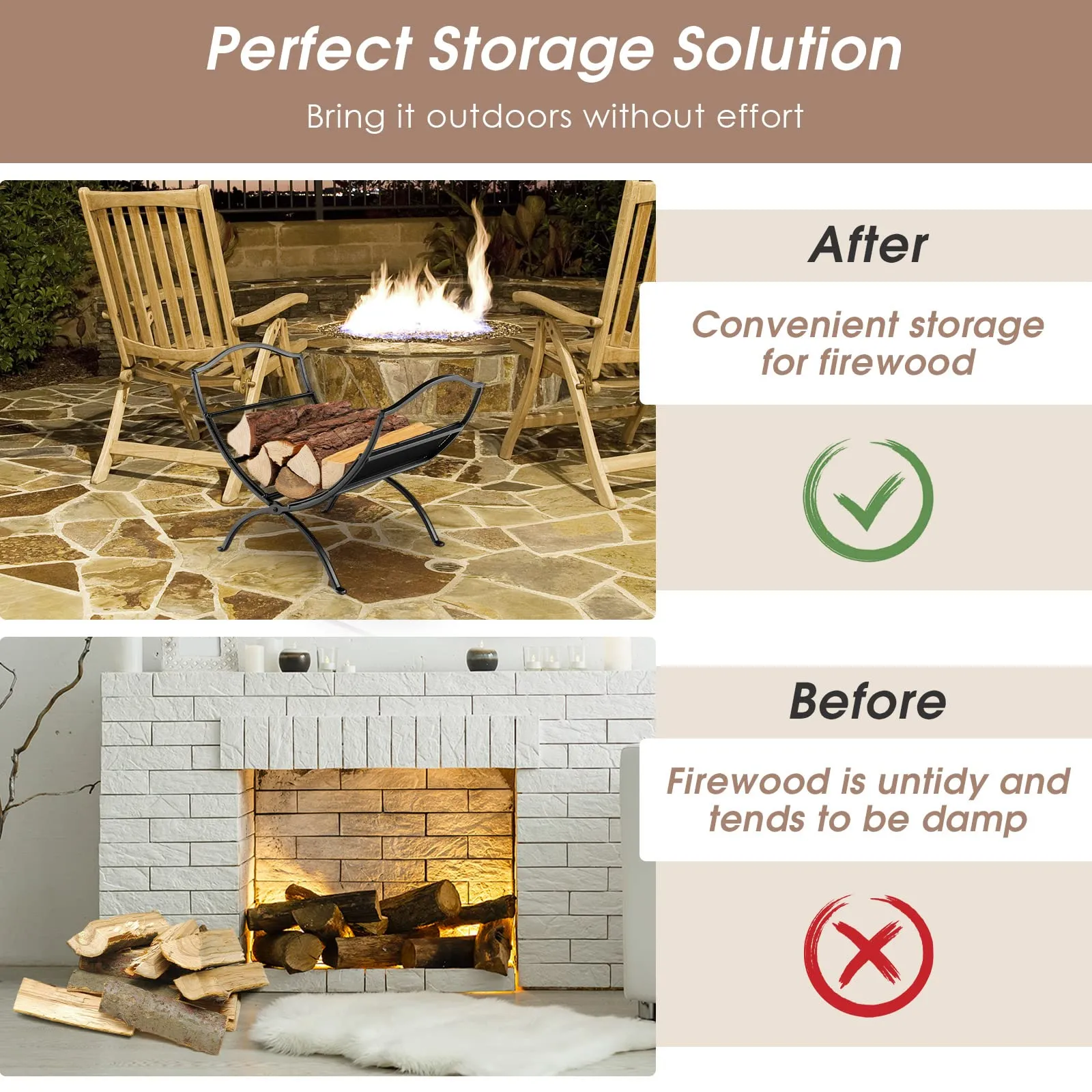 Tangkula Folding Firewood Log Rack, Heavy Duty Firewood Storage Carrier with Arched Feet