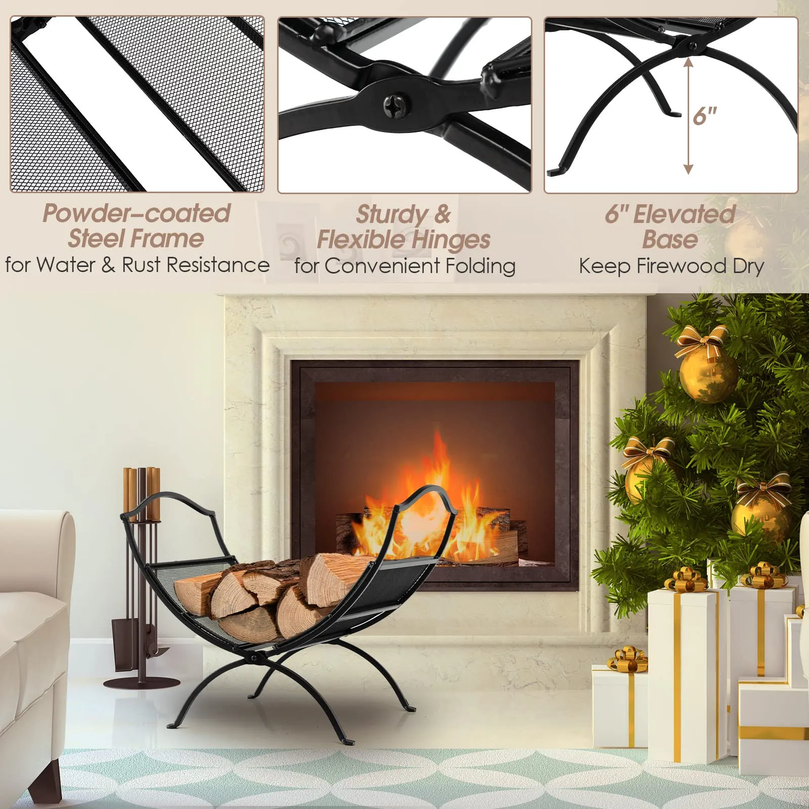 Tangkula Folding Firewood Log Rack, Heavy Duty Firewood Storage Carrier with Arched Feet