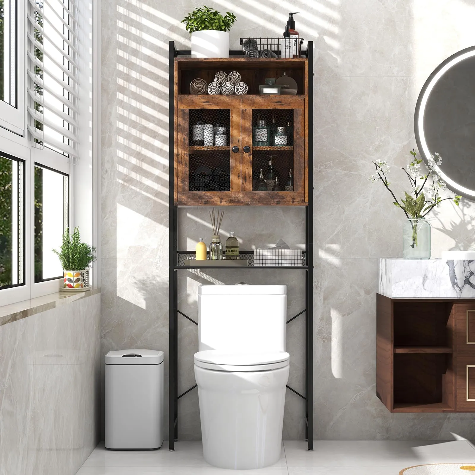 Tangkula Over The Toilet Storage Cabinet, 5-Tier Bathroom Space Saver w/2 Metal Mesh Doors & 3-Position Adjustable Shelf