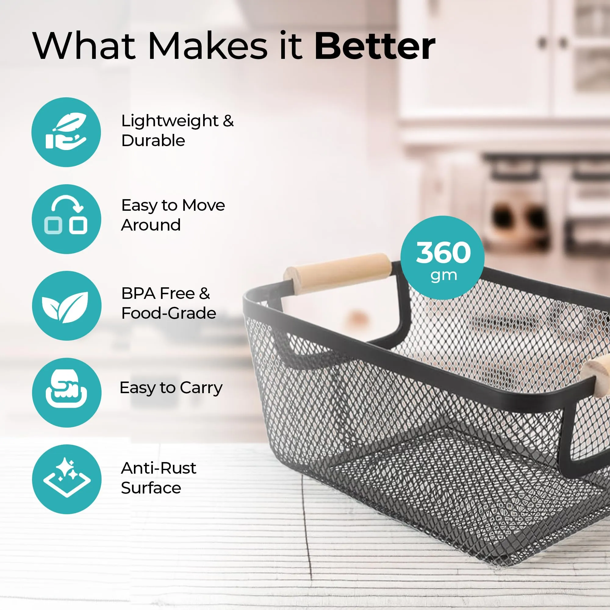 The Better Home Metal Mesh Basket for Storage With Wooden Handle | Fruit Basket | Storage Organizer | 360 g | Vegetable Basket | Multipurpose & portable | Basket for Gift | Picnic Basket | Black