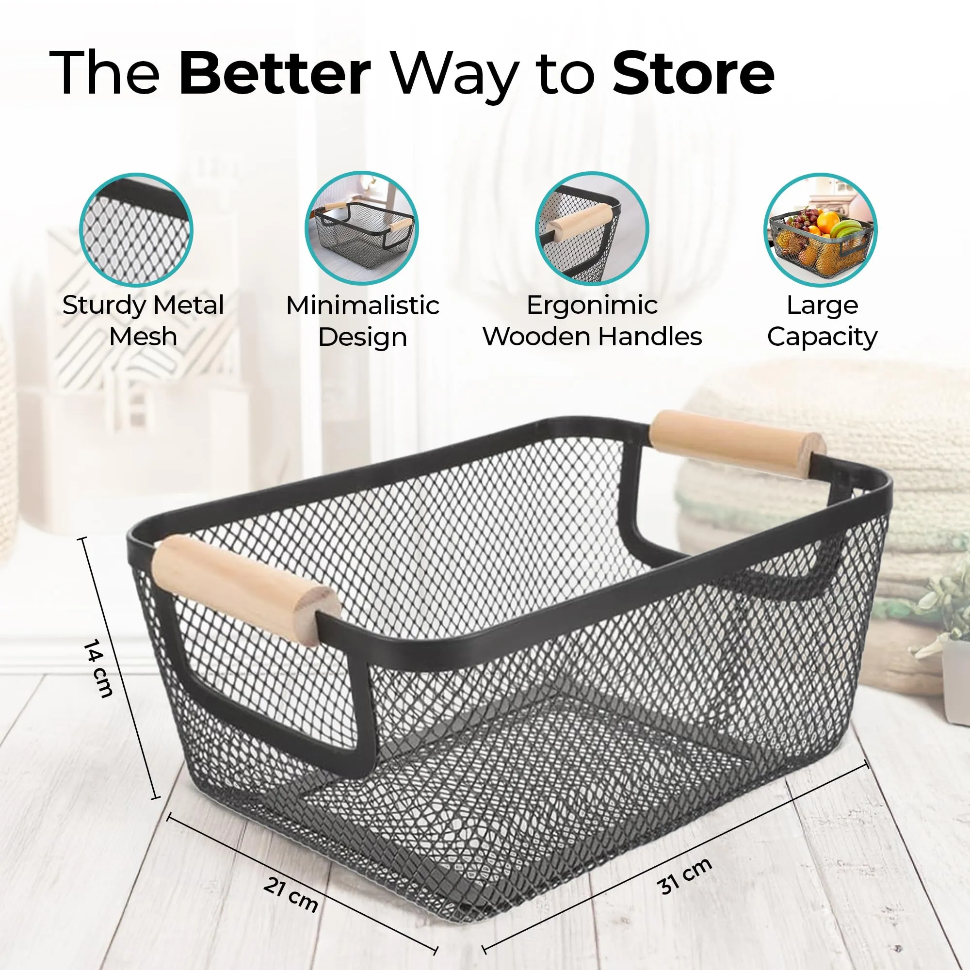 The Better Home Metal Mesh Basket for Storage With Wooden Handle | Fruit Basket | Storage Organizer | 360 g | Vegetable Basket | Multipurpose & portable | Basket for Gift | Picnic Basket | Black