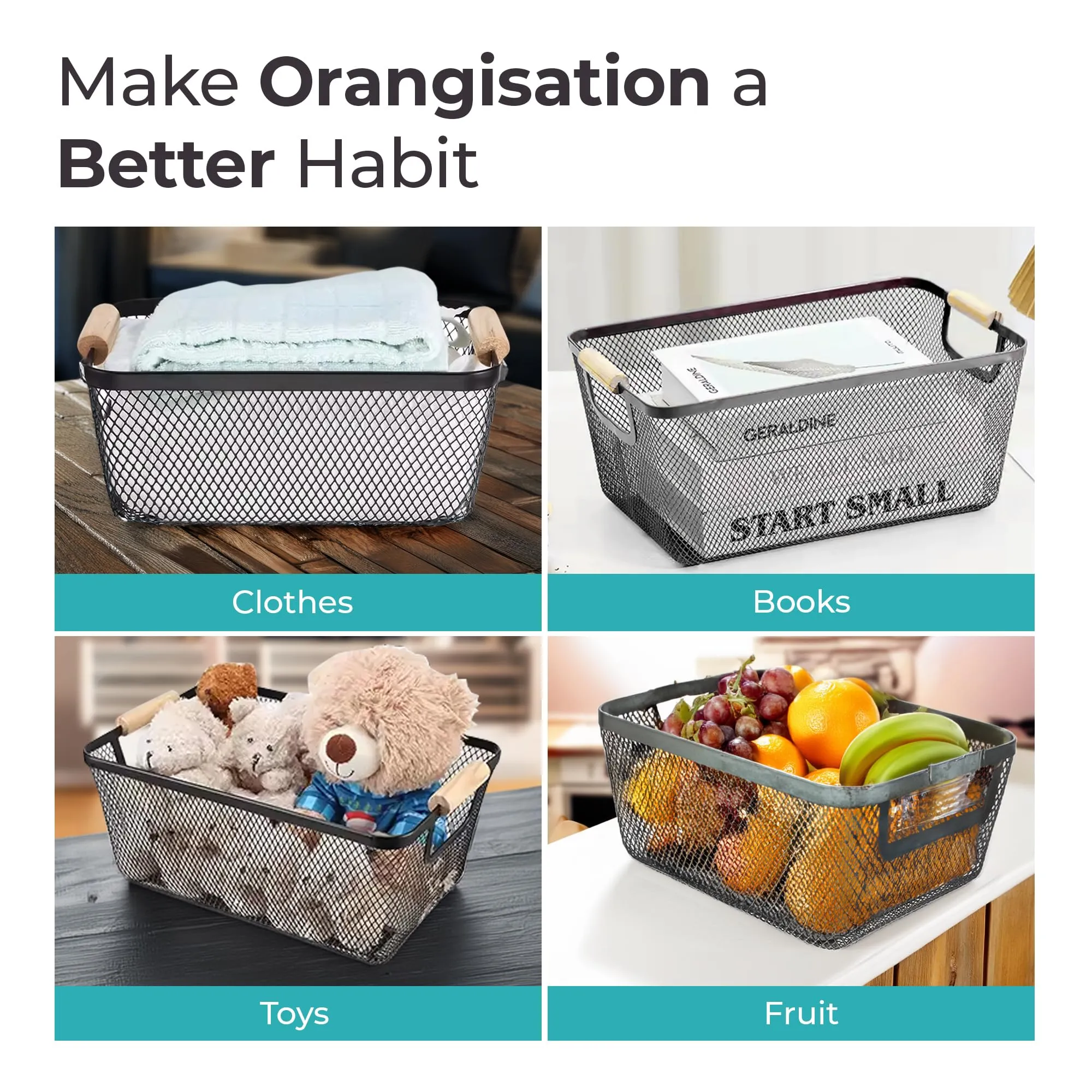 The Better Home Metal Mesh Basket for Storage With Wooden Handle | Fruit Basket | Storage Organizer | 360 g | Vegetable Basket | Multipurpose & portable | Basket for Gift | Picnic Basket | Black