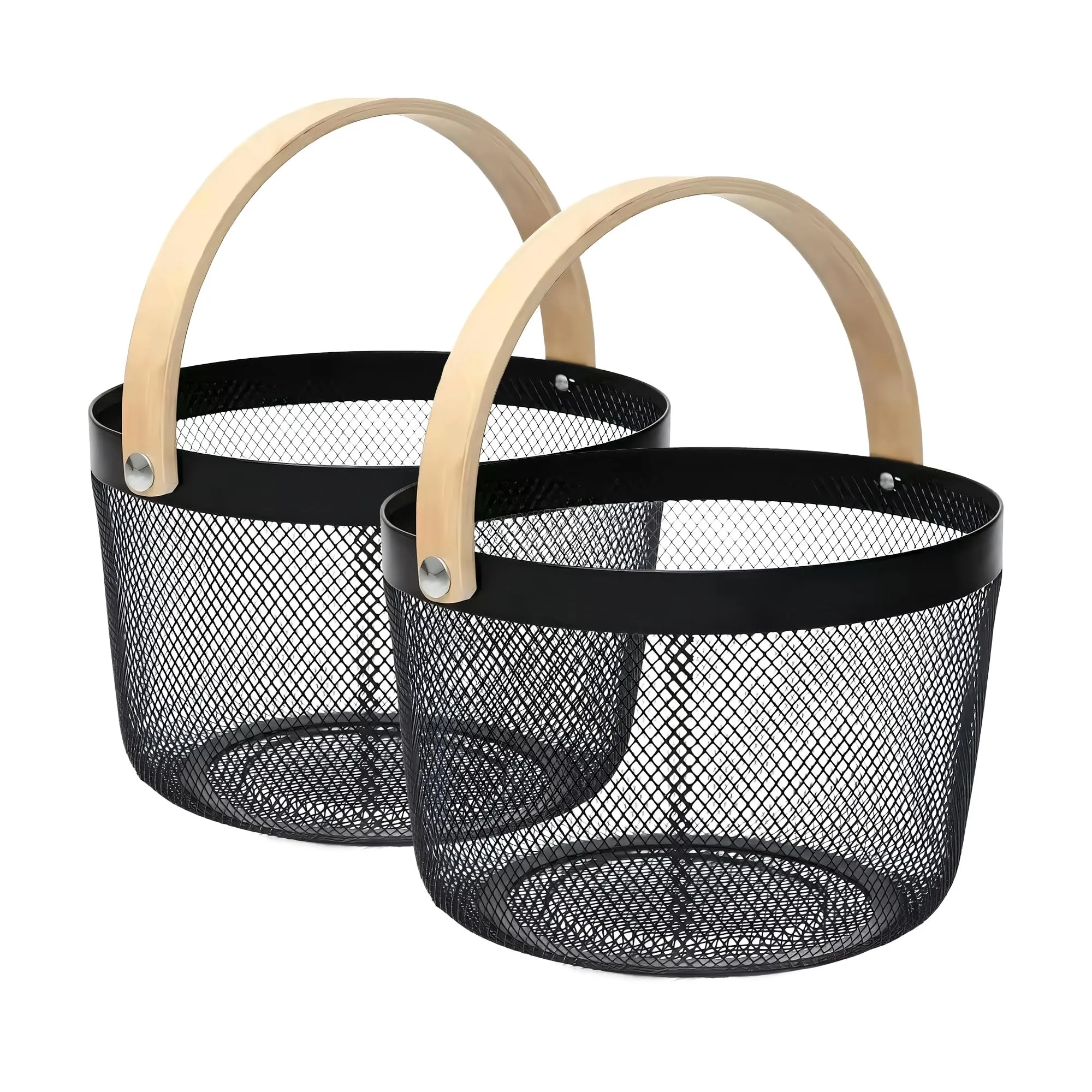 The Better Home Metal Mesh Basket For Storage With Wooden Handle | Set of 2 (400 g) | Fruit Basket | Storage Organizer | Picnic Basket | Basket For Gift Hamper | Multipurpose & Portable | Black