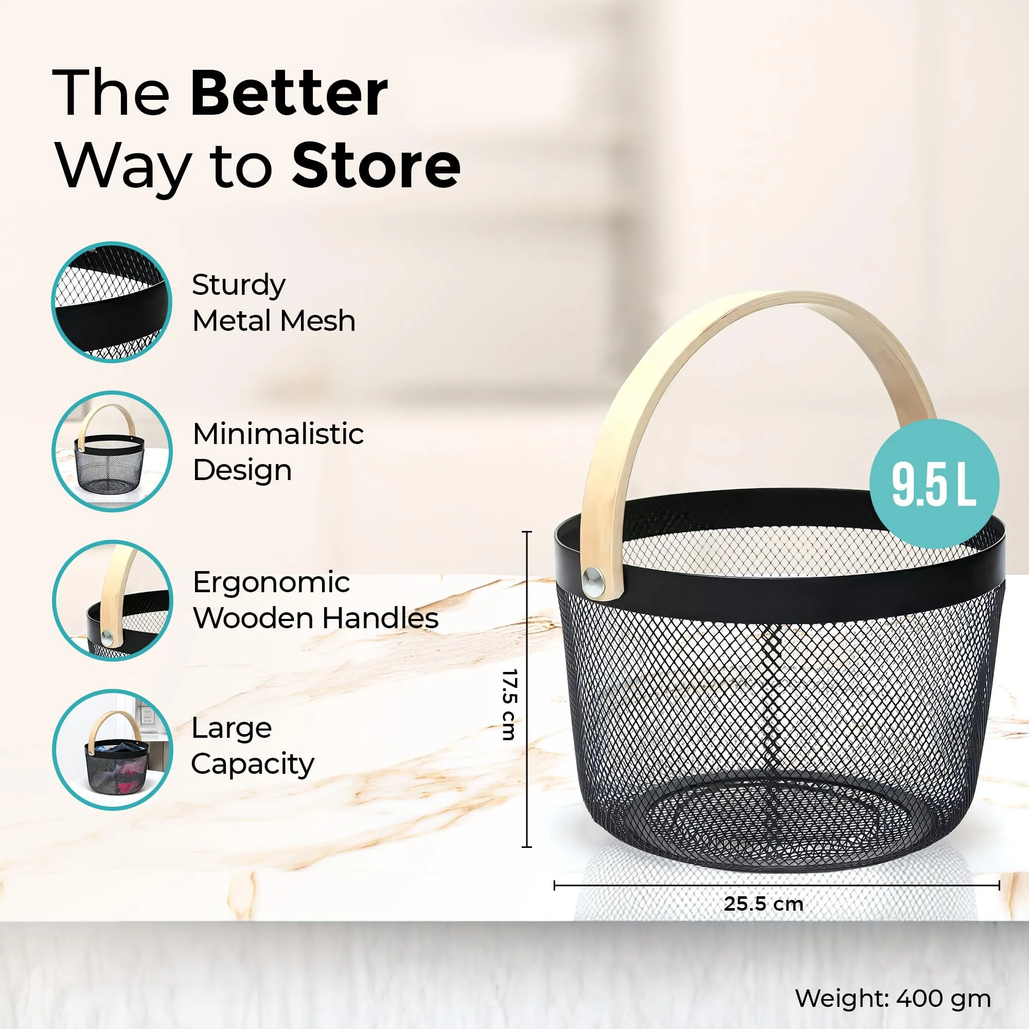 The Better Home Metal Mesh Basket For Storage With Wooden Handle | Set of 2 (400 g) | Fruit Basket | Storage Organizer | Picnic Basket | Basket For Gift Hamper | Multipurpose & Portable | Black