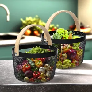 The Better Home Metal Mesh Basket For Storage With Wooden Handle | Set of 2 (400 g) | Fruit Basket | Storage Organizer | Picnic Basket | Basket For Gift Hamper | Multipurpose & Portable | Black