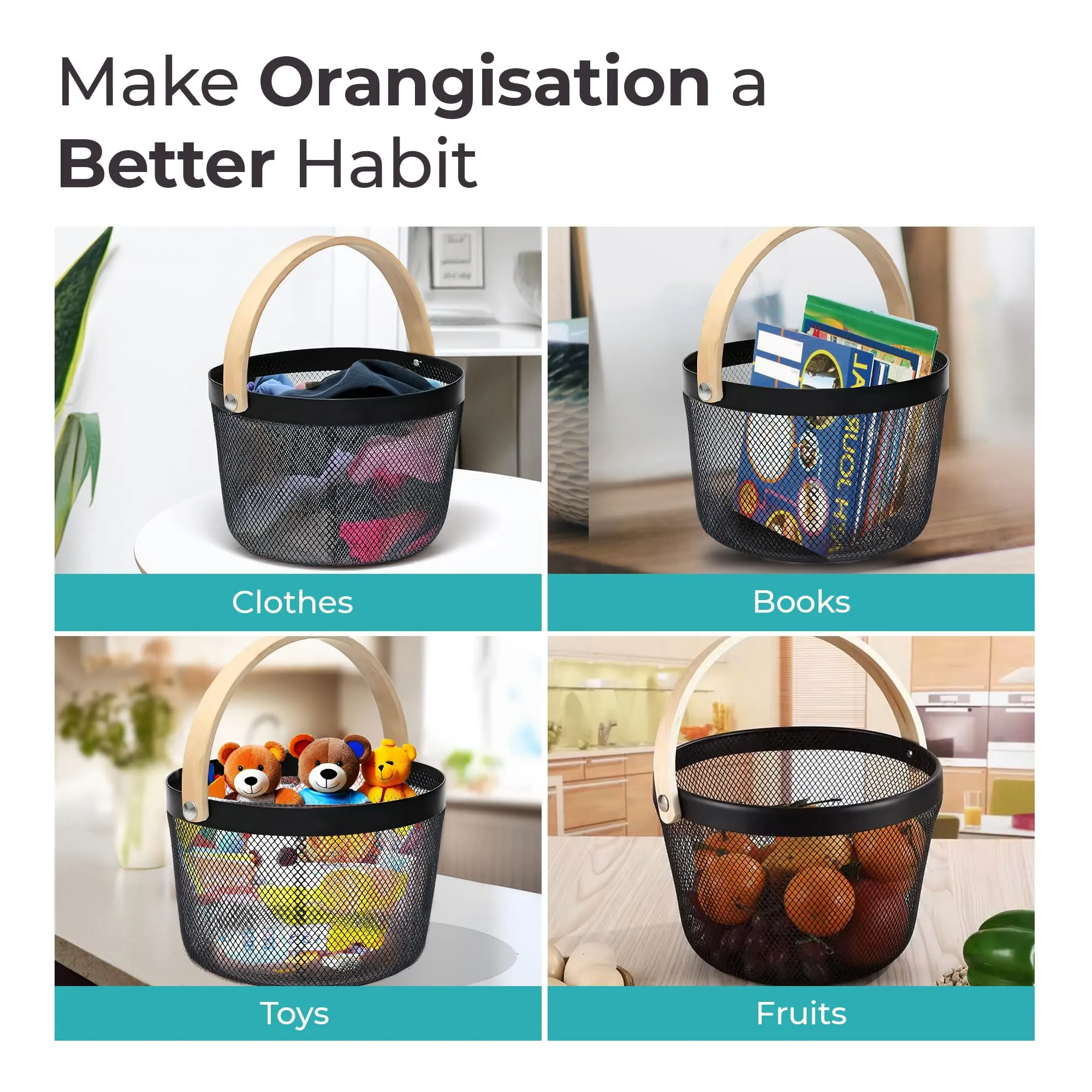 The Better Home Metal Mesh Basket For Storage With Wooden Handle | Set of 2 (400 g) | Fruit Basket | Storage Organizer | Picnic Basket | Basket For Gift Hamper | Multipurpose & Portable | Black