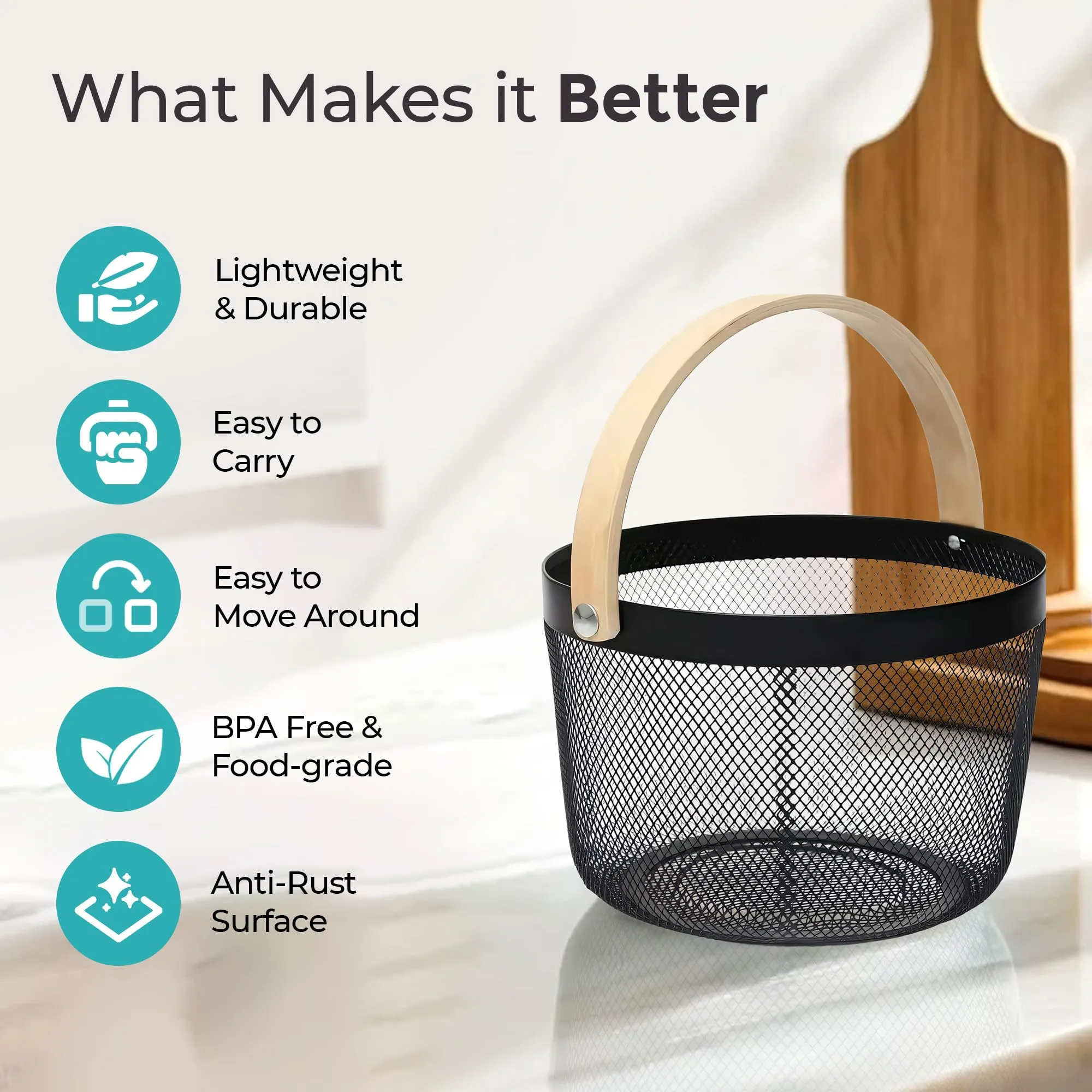 The Better Home Metal Mesh Basket For Storage With Wooden Handle | Set of 2 (400 g) | Fruit Basket | Storage Organizer | Picnic Basket | Basket For Gift Hamper | Multipurpose & Portable | Black