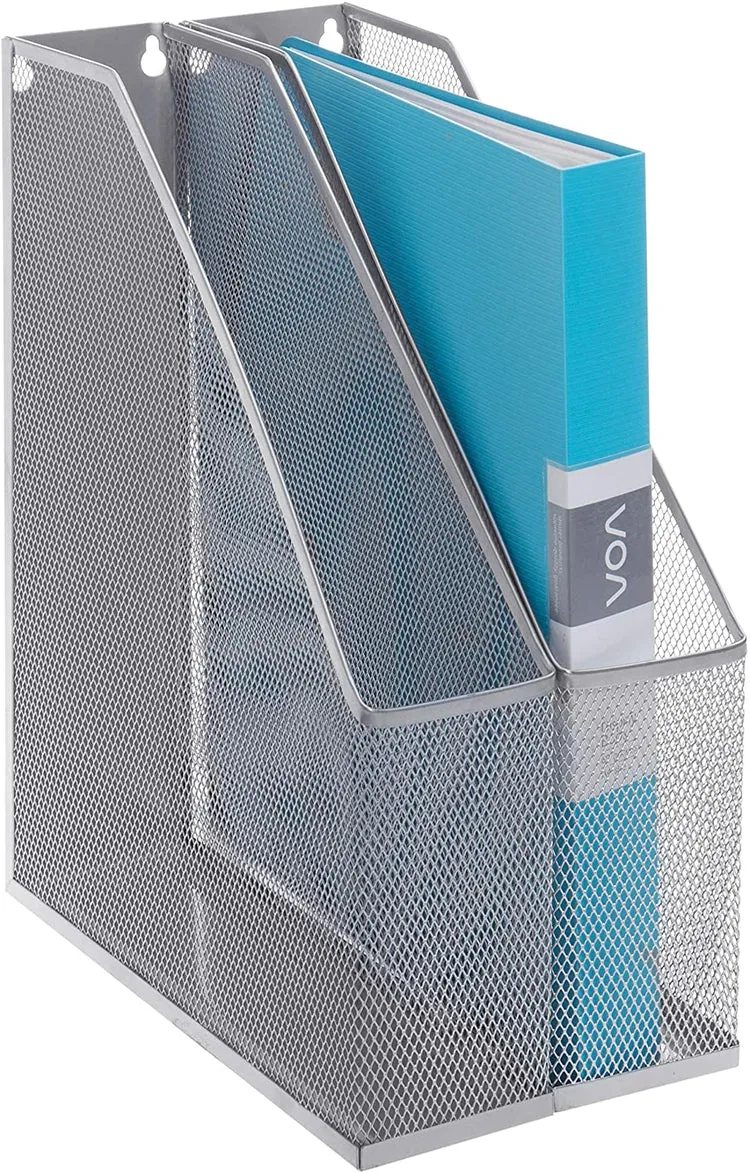 Wall Mountable Silver Wire Mesh Document, Magazine and File Holder, Set of 2