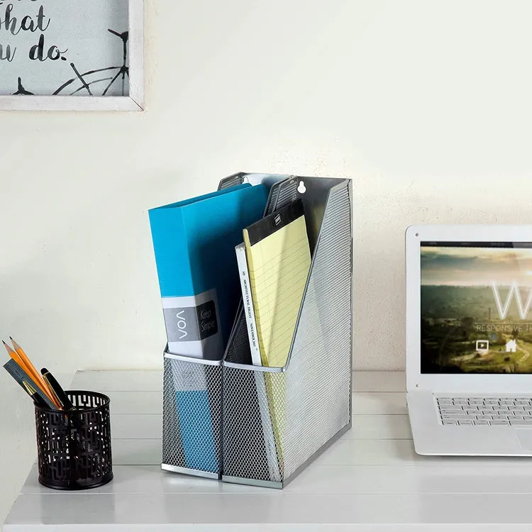 Wall Mountable Silver Wire Mesh Document, Magazine and File Holder, Set of 2