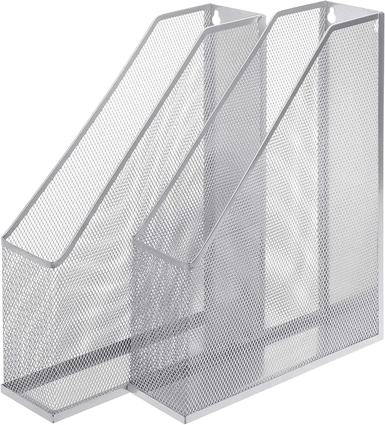 Wall Mountable Silver Wire Mesh Document, Magazine and File Holder, Set of 2