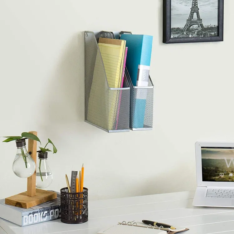 Wall Mountable Silver Wire Mesh Document, Magazine and File Holder, Set of 2