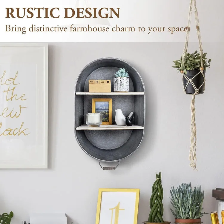 Wall Mounted 2 Tier Silver Metal and White Washed Wood Hanging Storage Organizer Rack, Floating Shelf