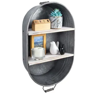 Wall Mounted 2 Tier Silver Metal and White Washed Wood Hanging Storage Organizer Rack, Floating Shelf