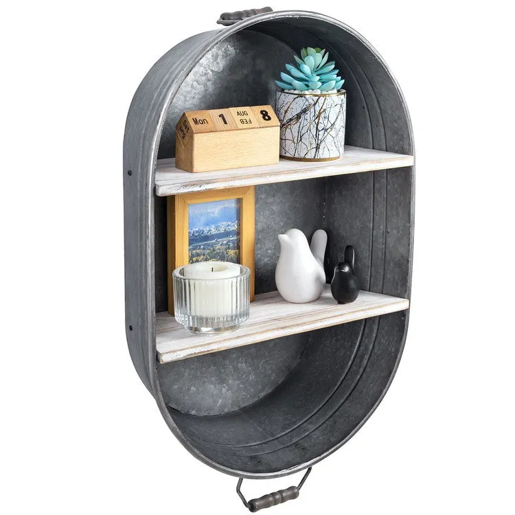 Wall Mounted 2 Tier Silver Metal and White Washed Wood Hanging Storage Organizer Rack, Floating Shelf