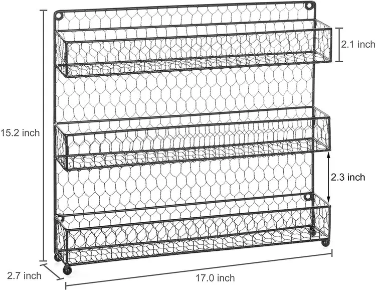 Wall-Mounted Black Wire Spice Rack or Organizer Shelves with 3 Tiers