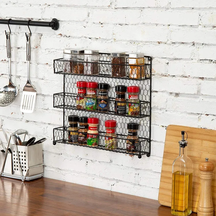 Wall-Mounted Black Wire Spice Rack or Organizer Shelves with 3 Tiers