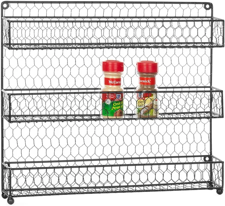 Wall-Mounted Black Wire Spice Rack or Organizer Shelves with 3 Tiers