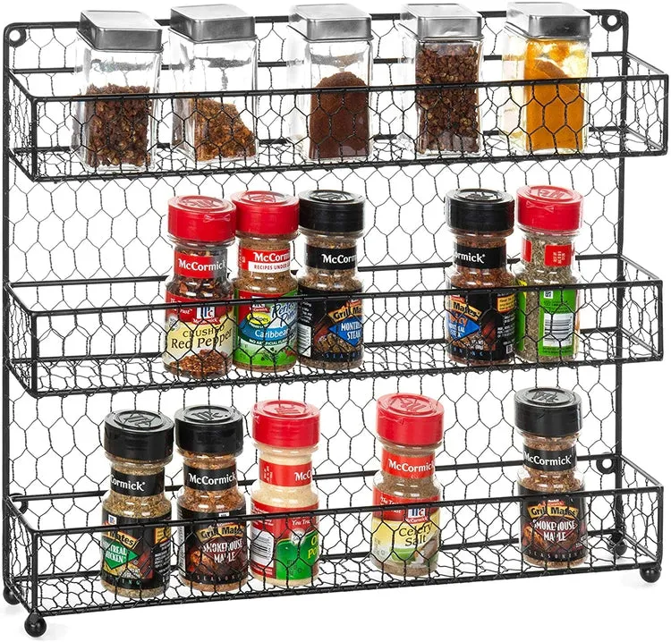 Wall-Mounted Black Wire Spice Rack or Organizer Shelves with 3 Tiers