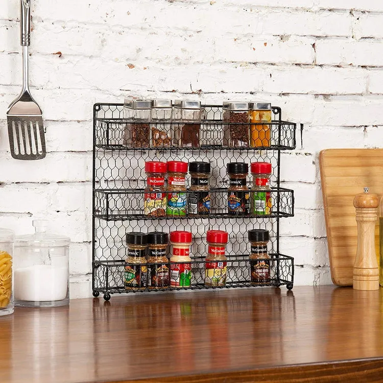 Wall-Mounted Black Wire Spice Rack or Organizer Shelves with 3 Tiers